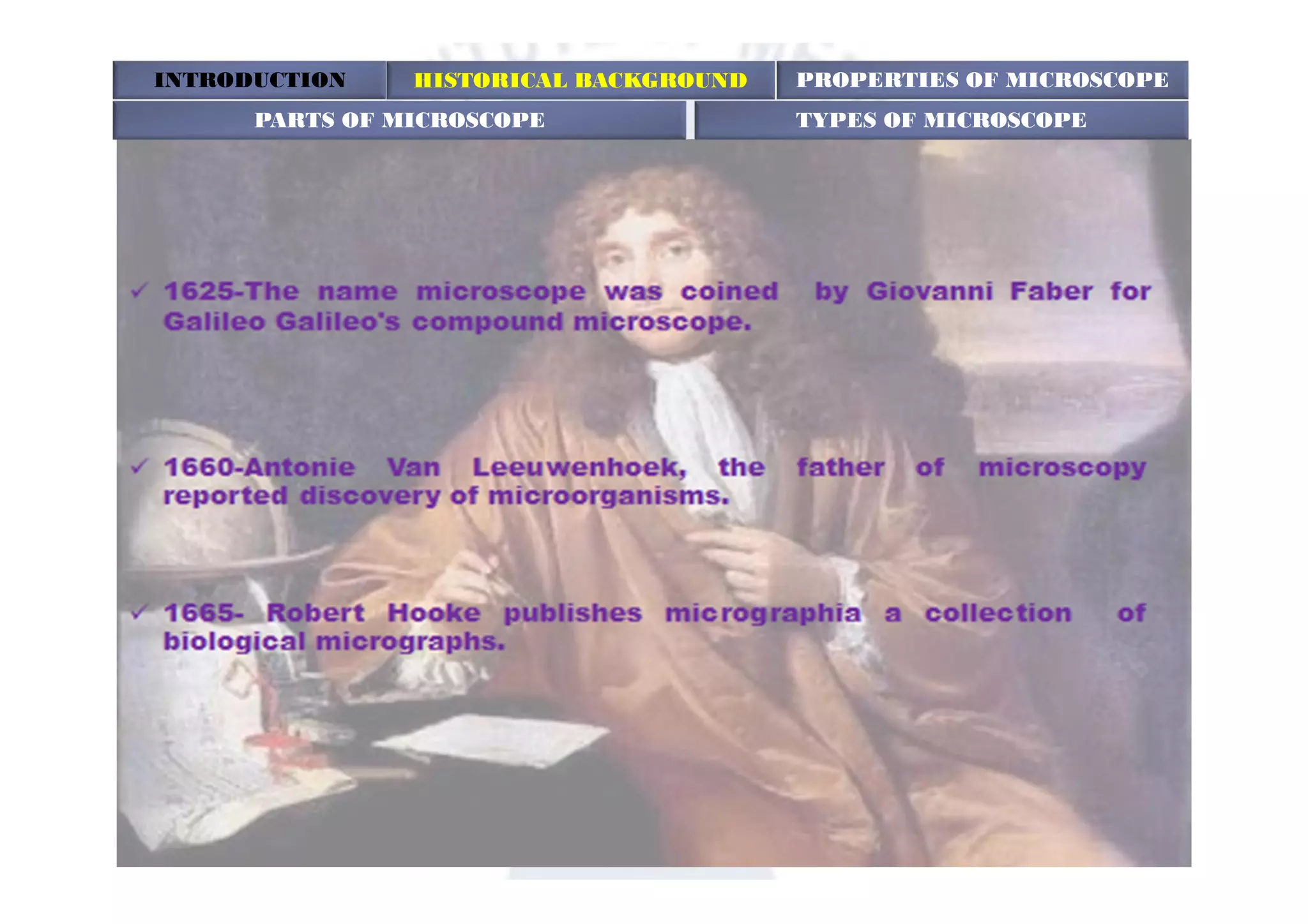INTRODUCTION HISTORICAL BACKGROUND PROPERTIES OF MICROSCOPE
PARTS OF MICROSCOPE TYPES OF MICROSCOPE
 