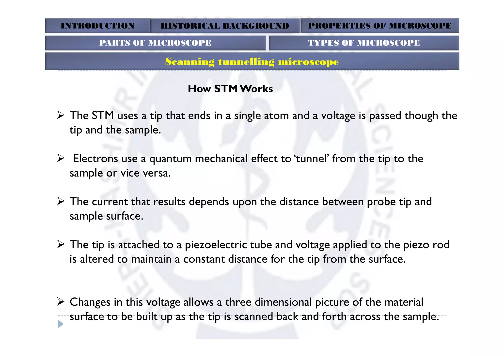 INTRODUCTION HISTORICAL BACKGROUND PROPERTIES OF MICROSCOPE
Scanning tunnelling microscope
PARTS OF MICROSCOPE TYPES OF MICROSCOPE
How STMWorks
 The STM uses a tip that ends in a single atom and a voltage is passed though the
tip and the sample.
 Electrons use a quantum mechanical effect to ‘tunnel’ from the tip to the
sample or vice versa.
 The current that results depends upon the distance between probe tip and
sample surface.
 The tip is attached to a piezoelectric tube and voltage applied to the piezo rod
is altered to maintain a constant distance for the tip from the surface.
 Changes in this voltage allows a three dimensional picture of the material
surface to be built up as the tip is scanned back and forth across the sample.
 