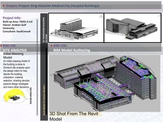 Initial Massing
Model
An initial massing model of
the building is done to
Conduct site analysis upon
the design intent to help
decide the building
orientation, material
selection, shading devices,
passive design strategies
and many other decisions.
3DTRANSVERSEBUILDING
SECTION
RevitModelVsInteriorRenders
BIM USE:
SITE ANALYSIS
SOLARANALYSIS
3D Shot From The Revit
Model
Project Info:
Built-up Area: 73931.5 m2
Owner: Arabian Gulf
Unviresity
Consultant: SaudConsult
BIM USE:
BIM Model Authoring
Project: Project: King Abdullah Medical City (Hospital Buildings)
 