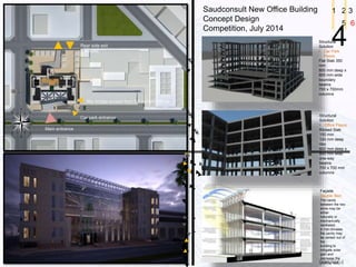 0987664
1 2 3
4
5 6
Saudconsult New Office Building
Concept Design
Competition, July 2014
Structural
Solution
• Office Floors
Ribbed Slab
150 mm
120 mm deep
ribs
600 mm deep x
800 mm wide
one-way
beams
700 x 700 mm
columns
Structural
Solution
• Car Park
Floors
Flat Slab 350
mm
800 mm deep x
800 mm wide
boundary
beams
700 x 700mm
columns
Façade
Double Skin
The cavity
between the two
skins may be
either
naturally or
mechanically
ventilated.
In hot climates
the cavity may
be vented out of
the
building to
mitigate solar
gain and
decrease the
cooling load.
Main entrance
Rear side exit
& access
Car park entrance
Sky bridge-access from SC current offices
 