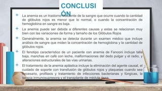 CONCLUSI
ÓN+ La anemia es un trastorno frecuente de la sangre que ocurre cuando la cantidad
de glóbulos rojos es menor que lo normal, o cuando la concentración de
hemoglobina en sangre es baja.
+ La anemia puede ser debida a diferentes causas y estas se relacionan muy
bien con las variaciones de forma y tamaño de los Glóbulos Rojos
+ Generalmente, la anemia se detecta durante un examen médico que incluye
análisis de sangre que miden la concentración de hemoglobina y la cantidad de
glóbulos rojos.
+ El fenotipo característico de un paciente con anemia de Fanconi incluye talla
baja, manchas en café con leche, malformaciones del dedo pulgar y el radio, y
alteraciones estructurales de las vías urinarias.
+ El tratamiento de la anemia aplástica incluye la eliminación del agente causal, el
cuidado de soporte con transfusión de glóbulos rojos y plaquetas cuando sea
necesario, profilaxis y tratamiento de infecciones bacterianas y fúngicas, la
terapia inmunosupresora y el transplante de médula ósea.
36
 