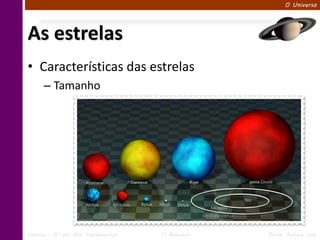 O Universo




As estrelas
• Características das estrelas
      – Tamanho




Ciências – 6º ano Ens. Fundamental   1º Bimestre   Profa. Rebeca Vale
 