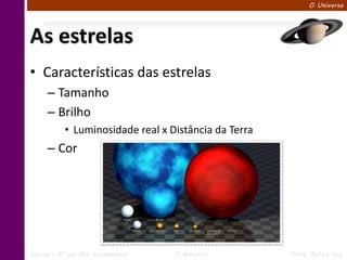 O Universo




As estrelas
• Características das estrelas
      – Tamanho
      – Brilho
            • Luminosidade real x Distância da Terra
      – Cor




Ciências – 6º ano Ens. Fundamental   1º Bimestre       Profa. Rebeca Vale
 