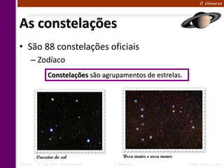 O Universo




As constelações
• São 88 constelações oficiais
      – Zodíaco
               Constelações são agrupamentos de estrelas.




         Cruzeiro do sul                  Ursa maior e ursa menor
Ciências – 6º ano Ens. Fundamental   1º Bimestre                    Profa. Rebeca Vale
 