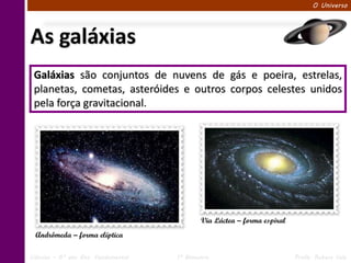 O Universo




As galáxias
 Galáxias são conjuntos de nuvens de gás e poeira, estrelas,
 planetas, cometas, asteróides e outros corpos celestes unidos
 pela força gravitacional.




                                             Via Láctea – forma espiral
  Andrômeda – forma elíptica

Ciências – 6º ano Ens. Fundamental   1º Bimestre                          Profa. Rebeca Vale
 