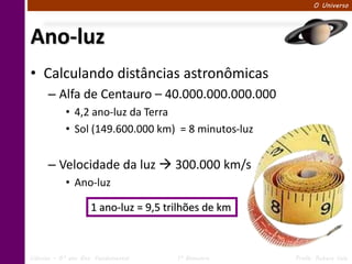 O Universo




Ano-luz
• Calculando distâncias astronômicas
      – Alfa de Centauro – 40.000.000.000.000
            • 4,2 ano-luz da Terra
            • Sol (149.600.000 km) = 8 minutos-luz


      – Velocidade da luz  300.000 km/s
            • Ano-luz

                    1 ano-luz = 9,5 trilhões de km



Ciências – 6º ano Ens. Fundamental    1º Bimestre    Profa. Rebeca Vale
 
