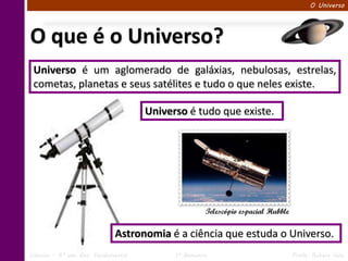 O Universo




O que é o Universo?
 Universo é um aglomerado de galáxias, nebulosas, estrelas,
 cometas, planetas e seus satélites e tudo o que neles existe.

                                     Universo é tudo que existe.




                                                     Telescópio espacial Hubble


                             Astronomia é a ciência que estuda o Universo.
Ciências – 6º ano Ens. Fundamental         1º Bimestre                            Profa. Rebeca Vale
 