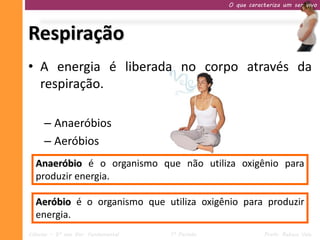 O que caracteriza um ser vivo




Respiração
• A energia é liberada no corpo através da
  respiração.

     – Anaeróbios
     – Aeróbios
  Anaeróbio é o organismo que não utiliza oxigênio para
  produzir energia.

  Aeróbio é o organismo que utiliza oxigênio para produzir
  energia.
Ciências – 9º ano Ens. Fundamental   1º Período              Profa. Rebeca Vale
 