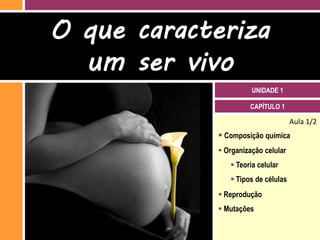 O que caracteriza
  um ser vivo
                       UNIDADE 1

                      CAPÍTULO 1

                                     Aula 1/2
              Composição química
              Organização celular
                 Teoria celular
                 Tipos de células
              Reprodução
              Mutações
 