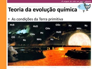 A origem da vida em nosso planeta




Teoria da evolução química
• As condições da Terra primitiva
  H2 S                                                 CO2            H2                 N2
                                H2 O
                                            CH4                               NH3
                                       H2              H2 O
                            CH4
    CO
                   N2                NH3          H2




Ciências – 9º ano Ens. Fundamental            1º Período                      Profa. Rebeca Vale
 