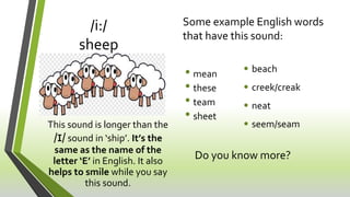 /i:/
sheep
This sound is longer than the
/ɪ/ sound in ‘ship’. It’s the
same as the name of the
letter ‘E’ in English. It a...