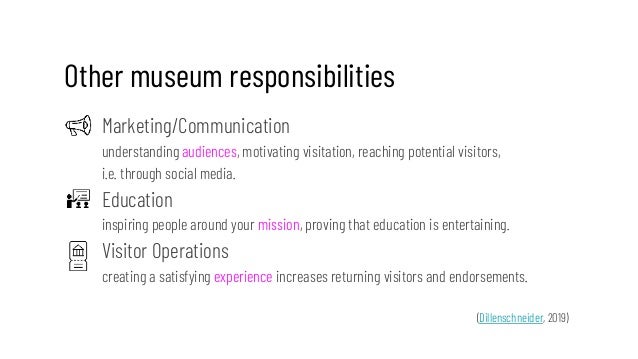 Other museum responsibilities
Marketing/Communication
understanding audiences, motivating visitation, reaching potential v...