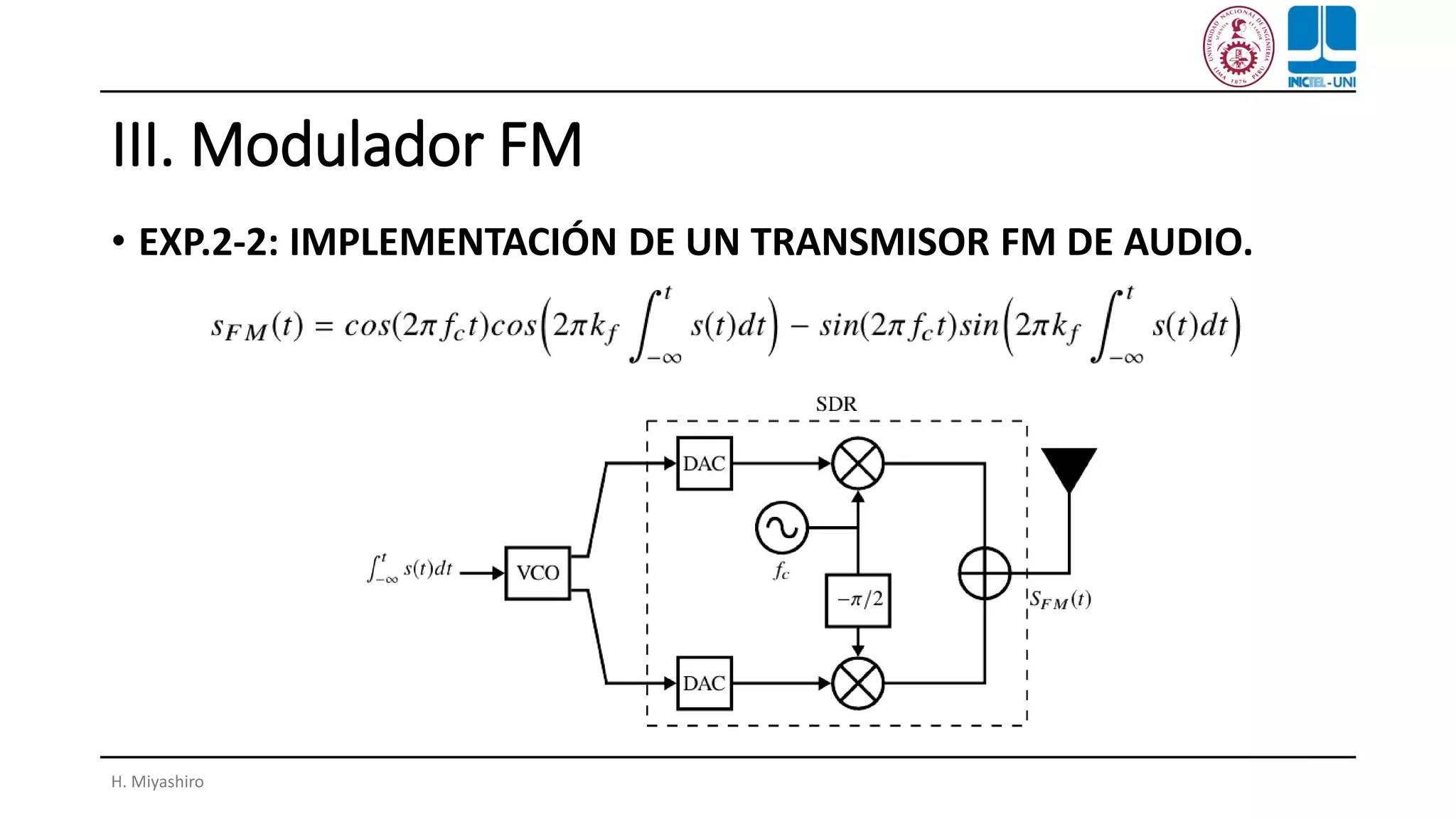 III. Modulador FM
• EXP.2-2: IMPLEMENTACIÓN DE UN TRANSMISOR FM DE AUDIO.
H. Miyashiro
 