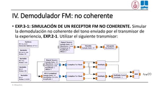 IV. Demodulador FM: no coherente
• EXP.3-1: SIMULACIÓN DE UN RECEPTOR FM NO COHERENTE. Simular
la demodulación no coherente del tono enviado por el transmisor de
la experiencia, EXP.2-1. Utilizar el siguiente transmisor:
H. Miyashiro
𝑠 𝐹𝑀(𝑡)
 