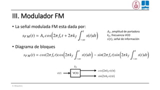 III. Modulador FM
• La señal modulada FM esta dada por:
• Diagrama de bloques
H. Miyashiro
𝐴 𝐶, amplitud de portadora
𝑘 𝑓, frecuencia VCO
𝑠(𝑡), señal de información
 
