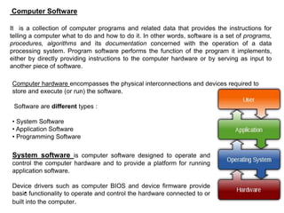 Computer Software
It is a collection of computer programs and related data that provides the instructions for
telling a computer what to do and how to do it. In other words, software is a set of programs,
procedures, algorithms and its documentation concerned with the operation of a data
processing system. Program software performs the function of the program it implements,
either by directly providing instructions to the computer hardware or by serving as input to
another piece of software.
Computer hardware encompasses the physical interconnections and devices required to
store and execute (or run) the software.
Software are different types :
• System Software
• Application Software
• Programming Software
•
System software is computer software designed to operate and
control the computer hardware and to provide a platform for running
application software.
Device drivers such as computer BIOS and device firmware provide
basic functionality to operate and control the hardware connected to or
built into the computer.
 