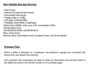 Process Flow
When a letter is pressed on a keyboard, the electronic signals are converted into
binary form and stored into memory.
The computer then processes the data as bytes of information and converts them to
the letters we see on the monitor screen or on a printed page.
Non-Volatile Storage Devices
• Disk drives
• Internal & External Hard drives
• Removable disk drives
• Floppy disks (1.4 MB)
• ZIP disks (100/250 MB)
• (700MB), DVD-ROM (~5GB/side)
•Read only (-ROM), write once (-R), re-writeable (-RW)
•Combination drive
•CD-RW/DVD-ROM, CD-RW/DVD-R
Many other forms
Memory Stick, Multi Media Card, Compact Flash, and Smart Media
 