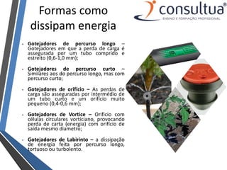 Formas como
dissipam energia
• Gotejadores de percurso longo –
Gotejadores em que a perda de carga é
assegurada por um tubo comprido e
estreito (0,6-1,0 mm);
• Gotejadores de percurso curto –
Similares aos do percurso longo, mas com
percurso curto;
• Gotejadores de orifício – As perdas de
carga são asseguradas por intermédio de
um tubo curto e um orifício muito
pequeno (0,4-0,6 mm);
• Gotejadores de Vortice – Orificio com
células circulares vorticiano, provocando
perda de carta (energia) com orifício de
saída mesmo diametro;
• Gotejadores de Labirinto – a dissipação
de energia feita por percurso longo,
tortuoso ou turbolento.
 