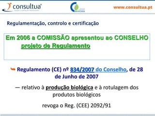 Regulamentação, controlo e certificação
Em 2006 a COMISSÃO apresentou ao CONSELHO
projeto de Regulamento
 Regulamento (CE) nº 834/2007 do Conselho, de 28
de Junho de 2007
― relativo à produção biológica e à rotulagem dos
produtos biológicos
revoga o Reg. (CEE) 2092/91
 