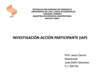 INVESTIGACIÓN ACCIÓN PARTICIPANTE (IAP)
Prof. Jesús García
Maestrante
José Delfín Morantes
C.I. 834729
REPUBLICA BOLIVARIANA DE VENEZUELA
UNIVERSIDAD DE LOS LLANOS OCCIDENTALES
EZEQUIEL ZAMORA
MAESTRIA EN DOCENCIA UNIVERSITARIA
NUCLEO TABAY
UNELLEZ
 