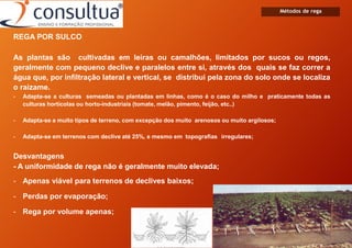 Métodos de rega
REGA POR SULCO
As plantas são cultivadas em leiras ou camalhões, limitados por sucos ou regos,
geralmente com pequeno declive e paralelos entre si, através dos quais se faz correr a
água que, por infiltração lateral e vertical, se distribui pela zona do solo onde se localiza
o raizame.
- Adapta-se a culturas semeadas ou plantadas em linhas, como é o caso do milho e praticamente todas as
culturas hortícolas ou horto-industriais (tomate, melão, pimento, feijão, etc..)
- Adapta-se a muito tipos de terreno, com excepção dos muito arenosos ou muito argilosos;
- Adapta-se em terrenos com declive até 25%, e mesmo em topografias irregulares;
Desvantagens
- A uniformidade de rega não é geralmente muito elevada;
- Apenas viável para terrenos de declives baixos;
- Perdas por evaporação;
- Rega por volume apenas;
 