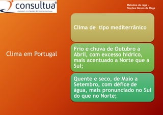 Metodos de rega -
Noções Gerais de Rega
Clima de tipo mediterrânico
Frio e chuva de Outubro a
Abril, com excesso hídrico,
mais acentuado a Norte que a
Sul;
Quente e seco, de Maio a
Setembro, com défice de
água, mais pronunciado no Sul
do que no Norte;
Clima em Portugal
 