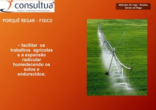 PORQUÊ REGAR - FISICO
• facilitar os
trabalhos agrícolas
e a expansão
radicular
humedecendo os
solos e
endurecidos;
Métodos de rega - Noções
Gerais de Rega
 