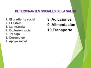 8. Adicciones
9. Alimentación
10.Transporte
DETERMINANTES SOCIALES DE LA SALUD
1. El gradiente social
2. El estrés
3. La infancia
4. Exclusión social
5. Trabajo
6. Desempleo
7. Apoyo social
 