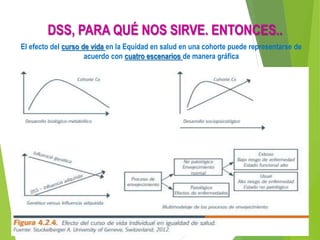 DSS, PARA QUÉ NOS SIRVE. ENTONCES..
El efecto del curso de vida en la Equidad en salud en una cohorte puede representarse de
acuerdo con cuatro escenarios de manera gráfica
 