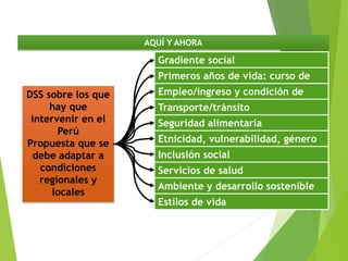 DSS sobre los que
hay que
intervenir en el
Perú
Propuesta que se
debe adaptar a
condiciones
regionales y
locales
Gradiente social
Primeros años de vida: curso de
vida
Empleo/ingreso y condición de
trabajo
Transporte/tránsito
Seguridad alimentaria
Etnicidad, vulnerabilidad, género
Inclusión social
Servicios de salud
Ambiente y desarrollo sostenible
Estilos de vida
AQUÍ Y AHORA
 
