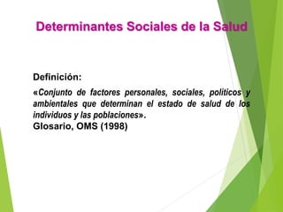 Definición:
«Conjunto de factores personales, sociales, políticos y
ambientales que determinan el estado de salud de los
individuos y las poblaciones».
Glosario, OMS (1998)
Determinantes Sociales de la Salud
 