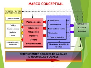 MARCO CONCEPTUAL
DETERMINANTES SOCIALES DE LA SALUD
E INEQUIDADES SOCIALES
CONTEXTO POLITICO
Y SOCIOECONOMICO
Gobernabilidad
Políticas
Macroeconomia
Sociedad
Salud
Valores sociales y
culturales
Educación
Ocupación
Ingresos
Género
Etnicidad/ Raza
Posición social
Circustancias
Cohesion Social
Factores Psico-sociales
Costumbres
Factores Biologicos
Sistema de atención de
la salud
DISTRIBUCION
DE SALUD Y
BIENESTAR
 