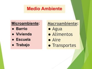 Macroambiente:
● Agua
● Alimentos
● Aire
● Transportes
Microambiente:
● Barrio
● Vivienda
● Escuela
● Trabajo
Medio Ambiente
 