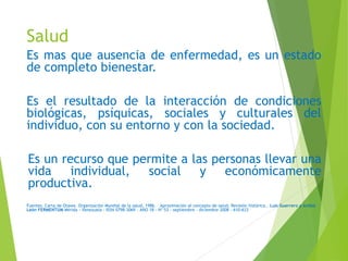 Salud
Es mas que ausencia de enfermedad, es un estado
de completo bienestar.
Es el resultado de la interacción de condiciones
biológicas, psíquicas, sociales y culturales del
individuo, con su entorno y con la sociedad.
Es un recurso que permite a las personas llevar una
vida individual, social y económicamente
productiva.
Fuentes. Carta de Otawa. Organización Mundial de la salud. 1986. Aproximación al concepto de salud. Revisión histórica.. Luis Guerrero y Aníbal
León FERMENTUM Mérida - Venezuela - ISSN 0798-3069 - AÑO 18 - Nº 53 - septiembre - diciembre 2008 - 610-633
 