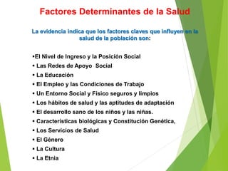 El Nivel de Ingreso y la Posición Social
 Las Redes de Apoyo Social
 La Educación
 El Empleo y las Condiciones de Trabajo
 Un Entorno Social y Físico seguros y limpios
 Los hábitos de salud y las aptitudes de adaptación
 El desarrollo sano de los niños y las niñas.
 Características biológicas y Constitución Genética,
 Los Servicios de Salud
 El Género
 La Cultura
 La Etnia
Factores Determinantes de la Salud
La evidencia indica que los factores claves que influyen en la
salud de la población son:
 