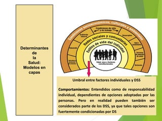 Determinantes
de
la
Salud:
Modelos en
capas
Umbral entre factores individuales y DSS
Comportamientos: Entendidos como de responsabilidad
individual, dependientes de opciones adoptadas por las
personas. Pero en realidad pueden también ser
considerados parte de los DSS, ya que tales opciones son
fuertemente condicionadas por DS
 