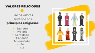 VALORES RELIGIOSOS
São os valores
relativos aos
princípios religiosos.
▪ Sagrado
▪ Profano
▪ Santidade
▪ Caridade
▪ Misericórdia
▪ Fé
(…)
 