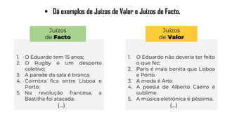 1. O Eduardo tem 15 anos;
2. O Rugby é um desporto
coletivo;
3. A parede da sala é branca.
4. Coimbra fica entre Lisboa e
Porto;
5. Na revolução francesa, a
Bastilha foi atacada.
(…)
▪ Dá exemplos de Juízos de Valor e Juízos de Facto.
1. O Eduardo não deveria ter feito
o que fez;
2. Paris é mais bonita que Lisboa
e Porto.
3. A moda é Arte.
4. A poesia de Alberto Caeiro é
sublime.
5. A música eletrónica é péssima.
(…)
Juízos
de Facto
Juízos
de Valor
 