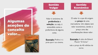 Algumas
aceções do
conceito
valor…
Valor é sinónimo de
preferência e
seleção, ou seja, é
entendido como a
preferência de alguma
coisa.
Exemplo: Prefiro ir à
praia que ir ao cinema.
O valor é o que dá origem
ao preço de uma
mercadoria. Um objeto tem
valor económico, sendo o
preço uma das
manifestações desse valor.
Exemplo: A obra de Edvard
Munch “O Grito”
vale o preço de 40 milhões de
euros.
Sentido
Vulgar
Sentido
Económico
 