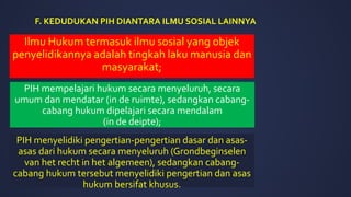 F. KEDUDUKAN PIH DIANTARA ILMU SOSIAL LAINNYA
Ilmu Hukum termasuk ilmu sosial yang objek
penyelidikannya adalah tingkah laku manusia dan
masyarakat;
PIH mempelajari hukum secara menyeluruh, secara
umum dan mendatar (in de ruimte), sedangkan cabang-
cabang hukum dipelajari secara mendalam
(in de deipte);
PIH menyelidiki pengertian-pengertian dasar dan asas-
asas dari hukum secara menyeluruh (Grondbeginselen
van het recht in het algemeen), sedangkan cabang-
cabang hukum tersebut menyelidiki pengertian dan asas
hukum bersifat khusus.
 