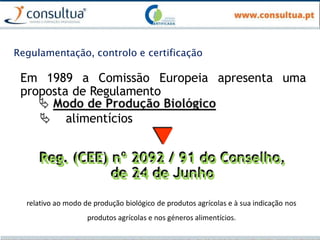 Regulamentação, controlo e certificação
Em 1989 a Comissão Europeia apresenta uma
proposta de Regulamento
 alimentícios
▼
Reg. (CEE) nº 2092 / 91 do Conselho,
de 24 de Junho
relativo ao modo de produção biológico de produtos agrícolas e à sua indicação nos
produtos agrícolas e nos géneros alimentícios.
 