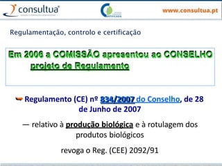 Regulamentação, controlo e certificação
Em 2006 a COMISSÃO apresentou ao CONSELHO
projeto de Regulamento
⮩Regulamento (CE) nº 834/2007 do Conselho, de 28
de Junho de 2007
— relativo à produção biológica e à rotulagem dos
produtos biológicos
revoga o Reg. (CEE) 2092/91
 