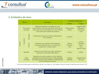 Mod.CF.066/01
1. Estimativa do risco
Técnicas de amostragem (pragas e auxiliares) diretas e indiretas | Fonte: Aguiar et al., 2005 (Adaptado) | Retirado de Manual de Formação agricultura Sustentável, 2022
 