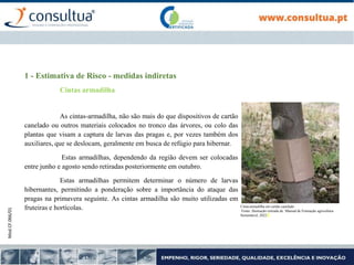 Mod.CF.066/01
1 - Estimativa de Risco - medidas indiretas
Cintas armadilha
As cintas-armadilha, não são mais do que dispositivos de cartão
canelado ou outros materiais colocados no tronco das árvores, ou colo das
plantas que visam a captura de larvas das pragas e, por vezes também dos
auxiliares, que se deslocam, geralmente em busca de refúgio para hibernar.
Estas armadilhas, dependendo da região devem ser colocadas
entre junho e agosto sendo retiradas posteriormente em outubro.
Estas armadilhas permitem determinar o número de larvas
hibernantes, permitindo a ponderação sobre a importância do ataque das
pragas na primavera seguinte. As cintas armadilha são muito utilizadas em
fruteiras e hortícolas. Cinta-armadilha em cartão canelado
Fonte: Ilustração retirada de Manual de Formação agricultura
Sustentável, 2022
 