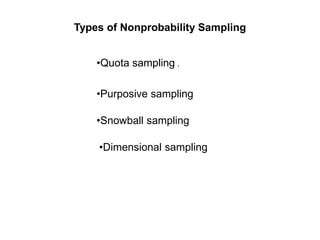 Types of Nonprobability Sampling
•Quota sampling .
•Purposive sampling
•Snowball sampling
•Dimensional sampling
 