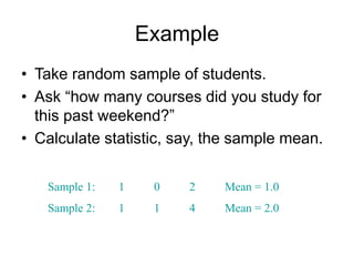 Example
• Take random sample of students.
• Ask “how many courses did you study for
this past weekend?”
• Calculate statistic, say, the sample mean.
Sample 1: 1 0 2 Mean = 1.0
Sample 2: 1 1 4 Mean = 2.0
 