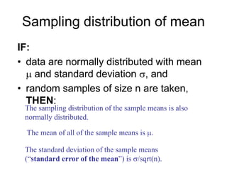 Sampling distribution of mean
IF:
• data are normally distributed with mean
 and standard deviation , and
• random samples of size n are taken,
THEN:
The sampling distribution of the sample means is also
normally distributed.
The mean of all of the sample means is .
The standard deviation of the sample means
(“standard error of the mean”) is /sqrt(n).
 