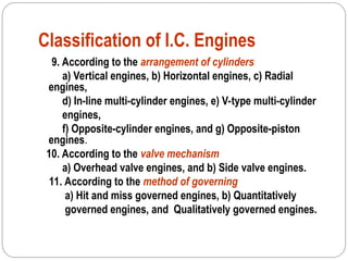 Classification of I.C. Engines
9. According to the arrangement of cylinders
a) Vertical engines, b) Horizontal engines, c) Radial
engines,
d) In-line multi-cylinder engines, e) V-type multi-cylinder
engines,
f) Opposite-cylinder engines, and g) Opposite-piston
engines.
10. According to the valve mechanism
a) Overhead valve engines, and b) Side valve engines.
11. According to the method of governing
a) Hit and miss governed engines, b) Quantitatively
governed engines, and Qualitatively governed engines.
 