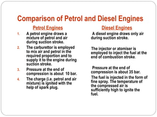 Comparison of Petrol and Diesel Engines
Petrol Engines
1. A petrol engine draws a
mixture of petrol and air
during suction stroke.
2. The carburettor is employed
to mix air and petrol in the
required proportion and to
supply it to the engine during
suction stroke.
3. Pressure at the end of
compression is about 10 bar.
4. The charge (i.e. petrol and air
mixture) is ignited with the
help of spark plug.
Diesel Engines
A diesel engine draws only air
during suction stroke.
The injector or atomiser is
employed to inject the fuel at the
end of combustion stroke.
Pressure at the end of
compression is about 35 bar.
The fuel is injected in the form of
fine spray. The temperature of
the compressed air is
sufficiently high to ignite the
fuel.
 