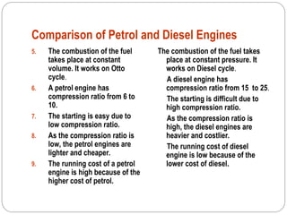 Comparison of Petrol and Diesel Engines
5. The combustion of the fuel
takes place at constant
volume. It works on Otto
cycle.
6. A petrol engine has
compression ratio from 6 to
10.
7. The starting is easy due to
low compression ratio.
8. As the compression ratio is
low, the petrol engines are
lighter and cheaper.
9. The running cost of a petrol
engine is high because of the
higher cost of petrol.
The combustion of the fuel takes
place at constant pressure. It
works on Diesel cycle.
A diesel engine has
compression ratio from 15 to 25.
The starting is difficult due to
high compression ratio.
As the compression ratio is
high, the diesel engines are
heavier and costlier.
The running cost of diesel
engine is low because of the
lower cost of diesel.
 